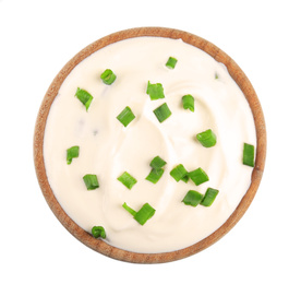 Photo of Fresh sour cream with onion on white background, top view