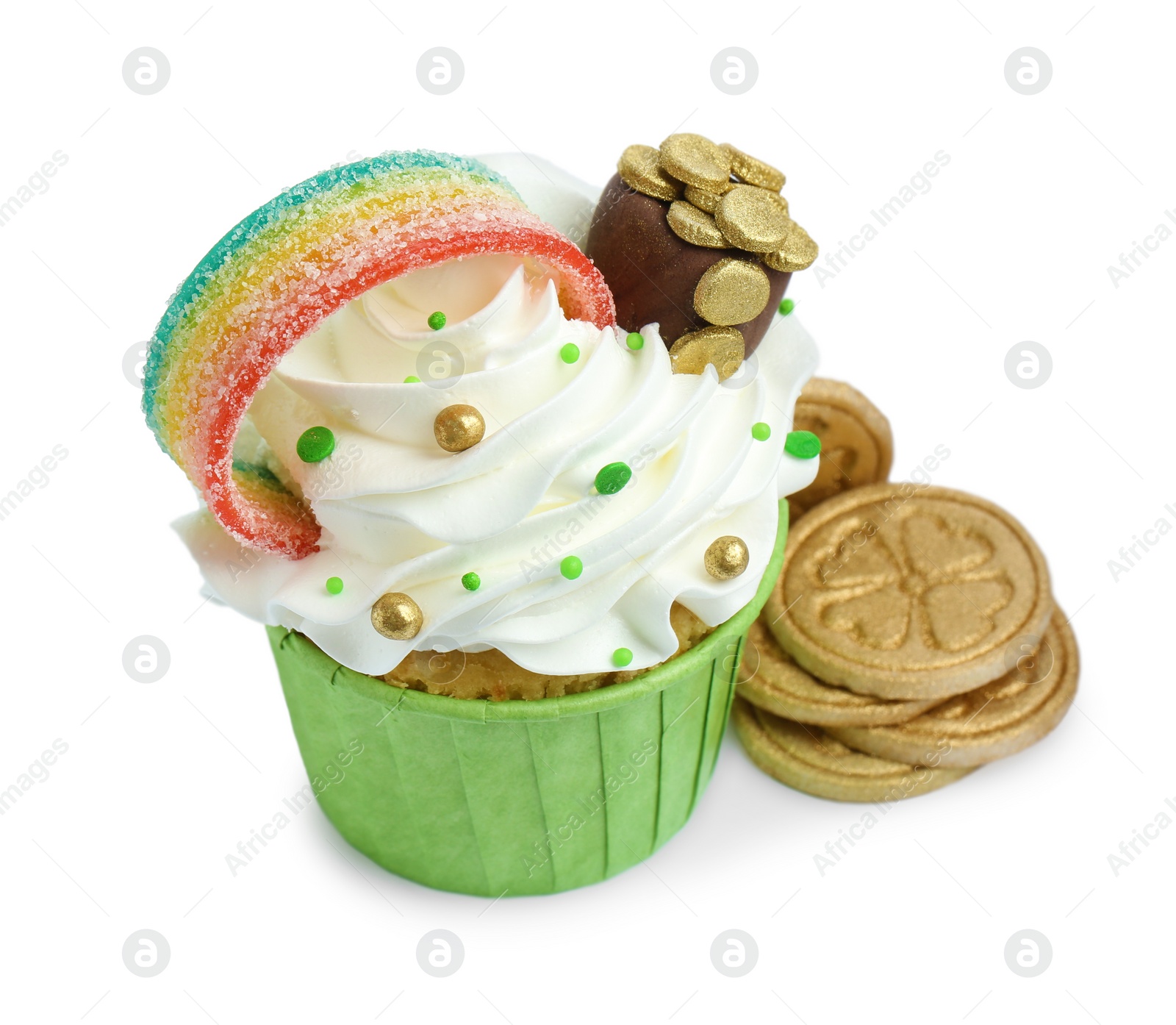 Photo of St. Patrick's day party. Tasty cupcake with sour rainbow belt and pot of gold toppers isolated on white