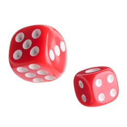 Image of Two red dice in air on white background