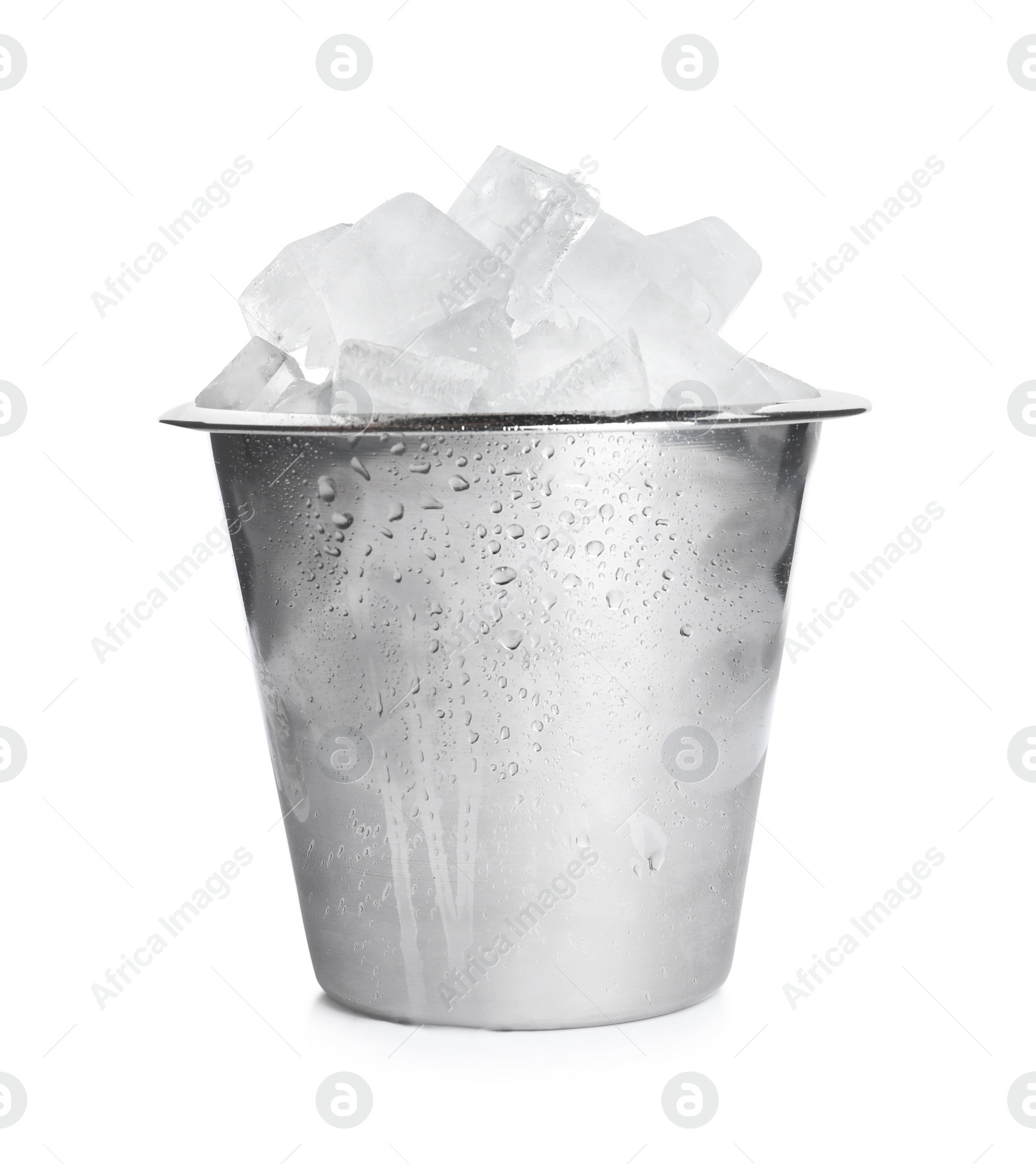 Photo of Metal bucket with ice cubes isolated on white