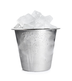 Metal bucket with ice cubes isolated on white