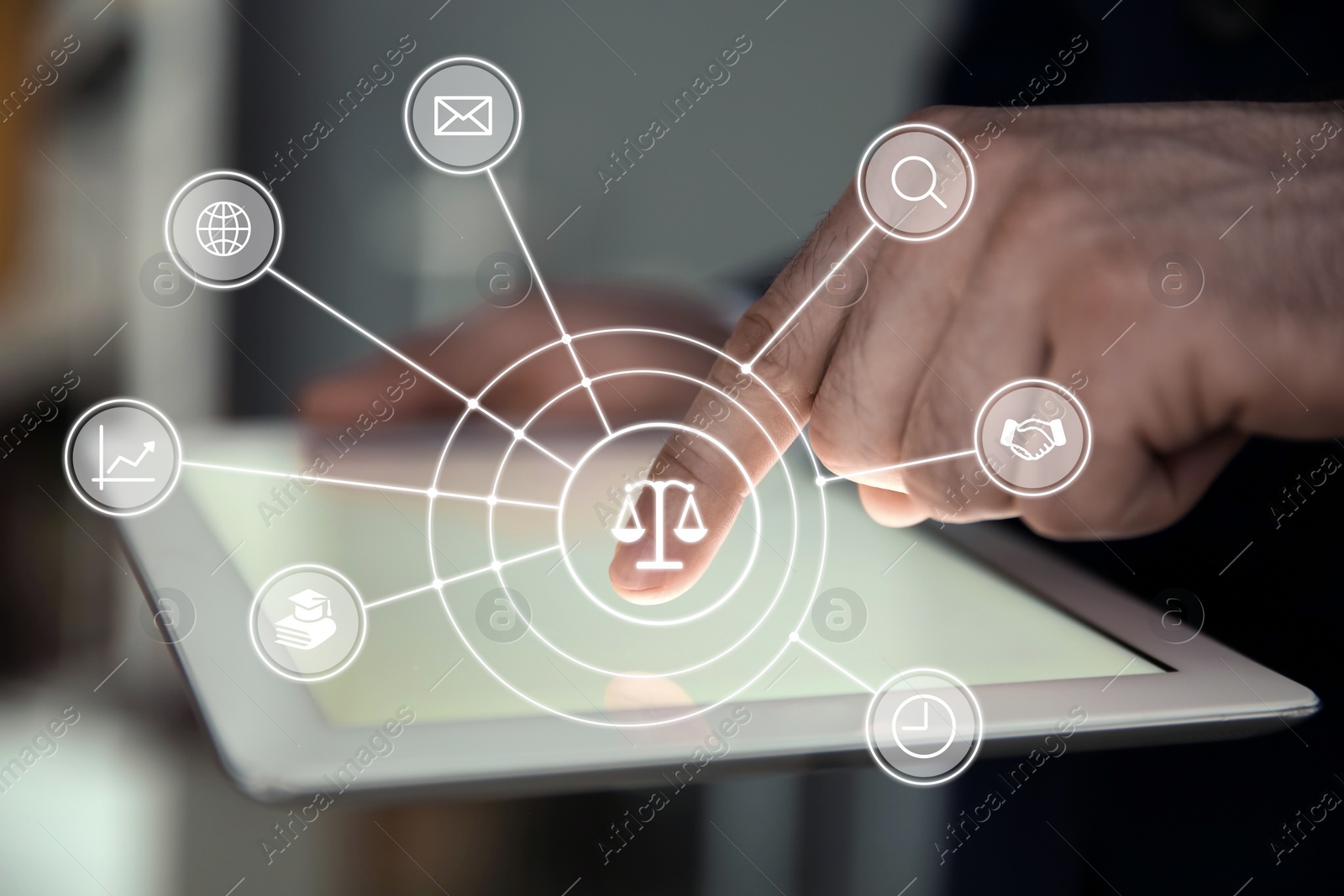 Image of Different icons and lawyer using tablet at workplace, closeup 