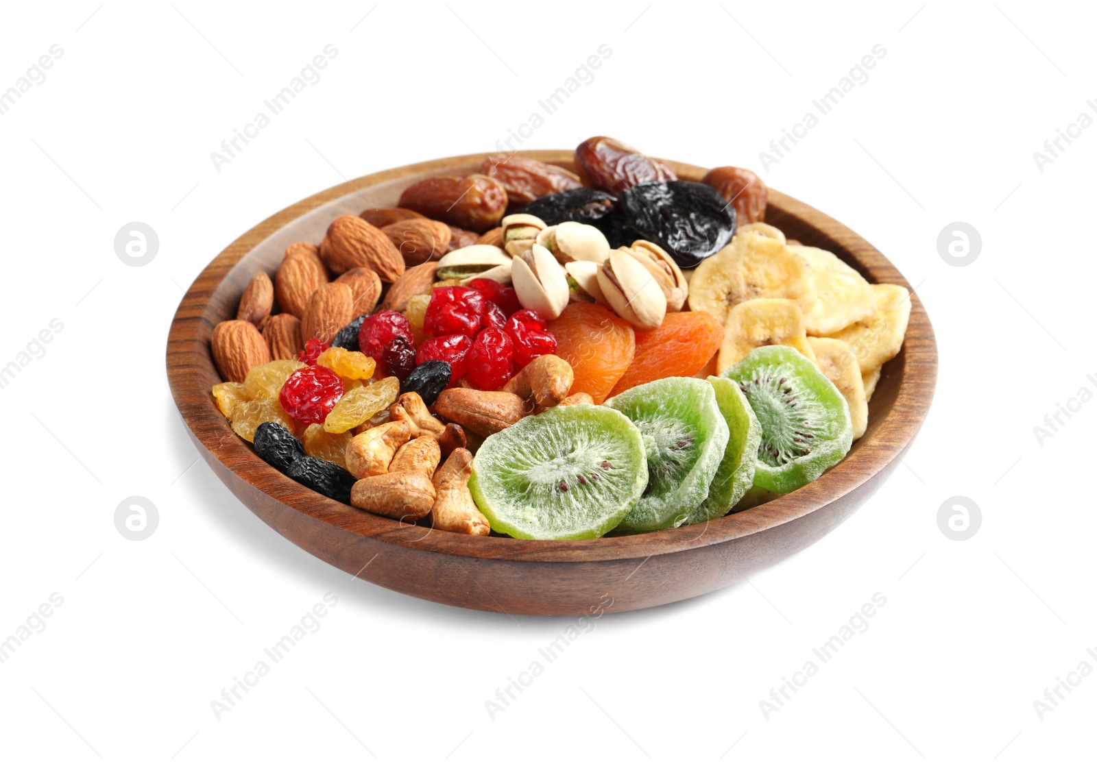 Photo of Bowl with different dried fruits and nuts on white background