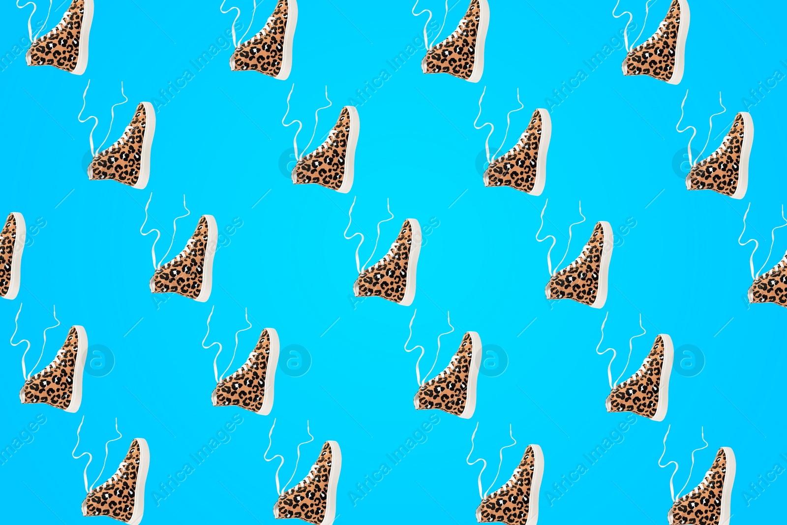 Image of Collage of classic old school sneakers with leopard pattern on turquoise background