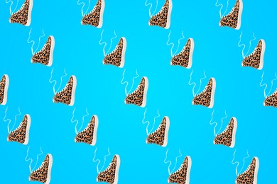 Image of Collage of classic old school sneakers with leopard pattern on turquoise background