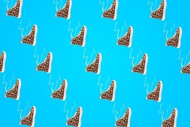 Collage of classic old school sneakers with leopard pattern on turquoise background