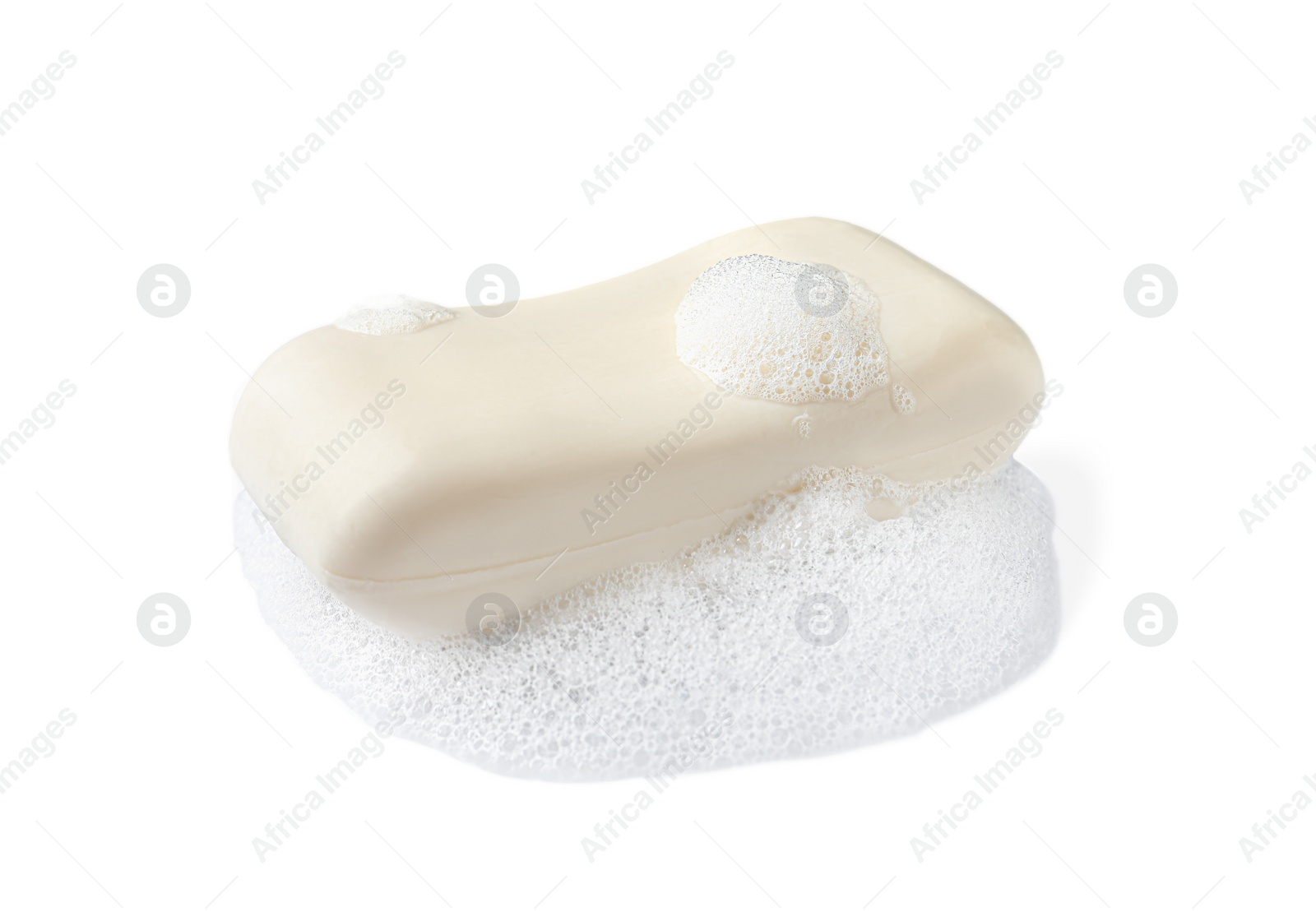 Photo of Soap with fluffy foam on white background