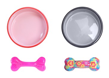 Image of Set with feeding bowls and toys for pet on white background, top view