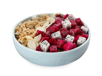 Bowl of granola with pitahaya and almond petals on white background