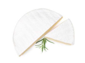 Photo of Tasty cut brie cheese with rosemary on white background, top view