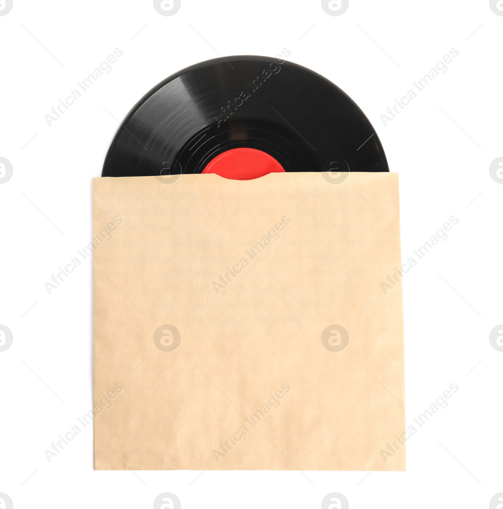 Photo of Vintage vinyl record in paper cover isolated on white, top view