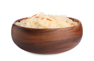 Photo of Wooden bowl of tasty fermented cabbage with carrot isolated on white