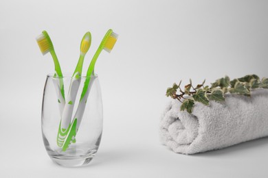 Photo of Light green toothbrushes in glass holder, terry towel and ivy on white background