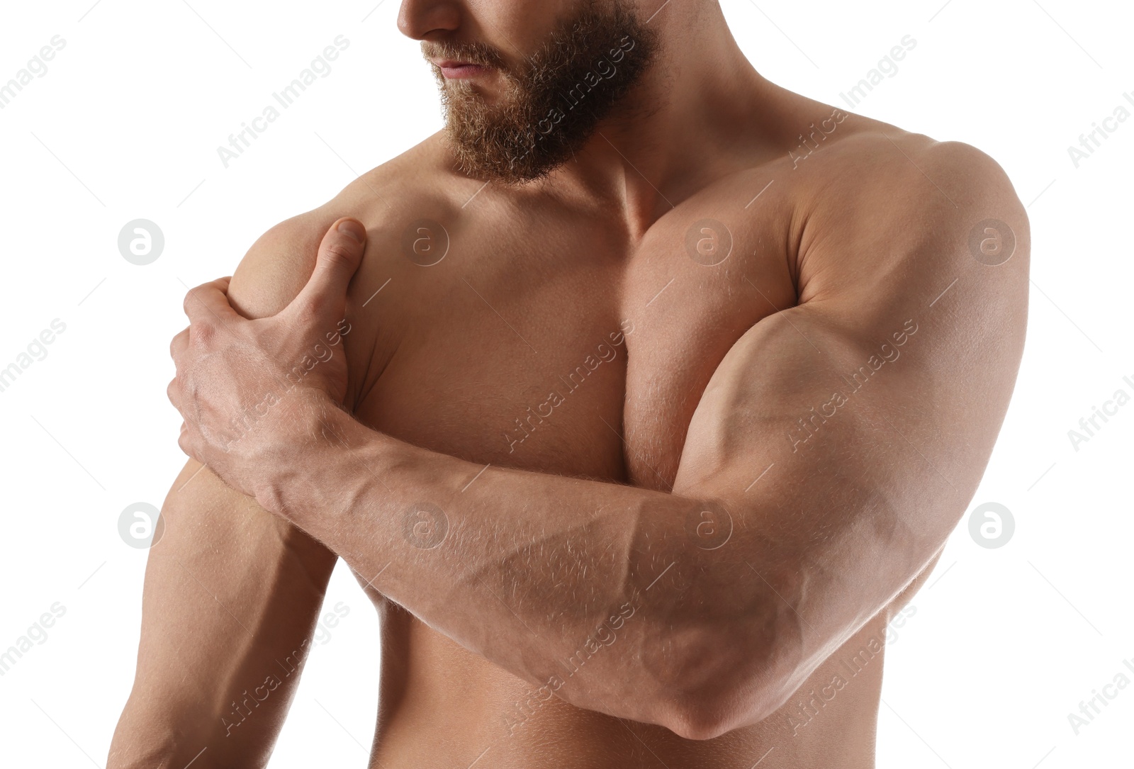 Photo of Man with muscular body on white background, closeup