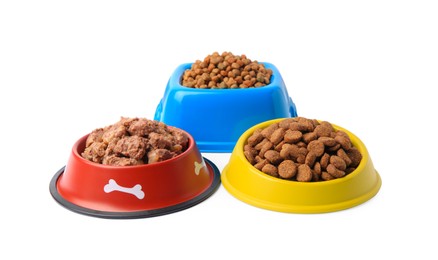 Dry and wet pet food in feeding bowls on white background