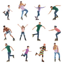 Photos of people with roller skates on white background, collage design
