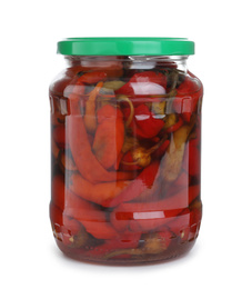 Photo of Glass jar with pickled peppers isolated on white