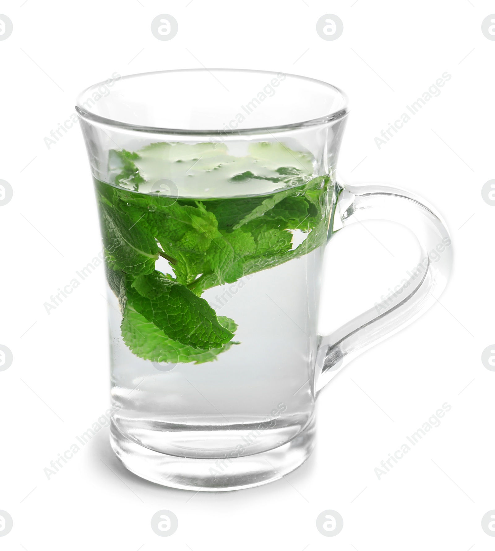 Photo of Cup with hot aromatic mint tea on white background