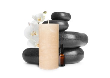 Image of Beautiful composition with candle, stacked stones and orchid flowers on white background. Spa therapy
