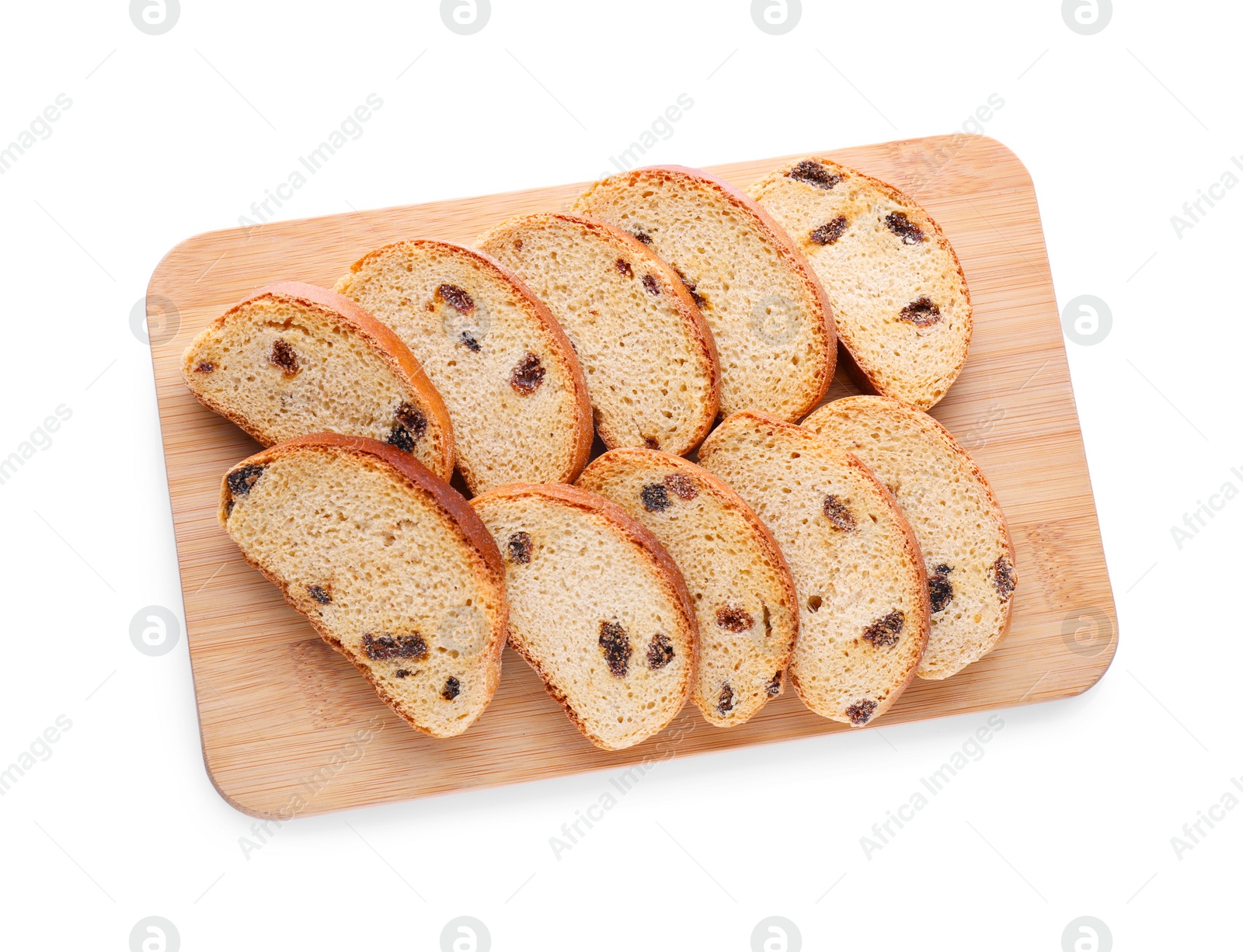 Photo of Sweet hard chuck crackers with raisins on white background, top view