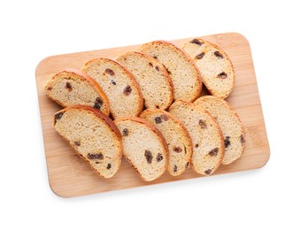 Photo of Sweet hard chuck crackers with raisins on white background, top view