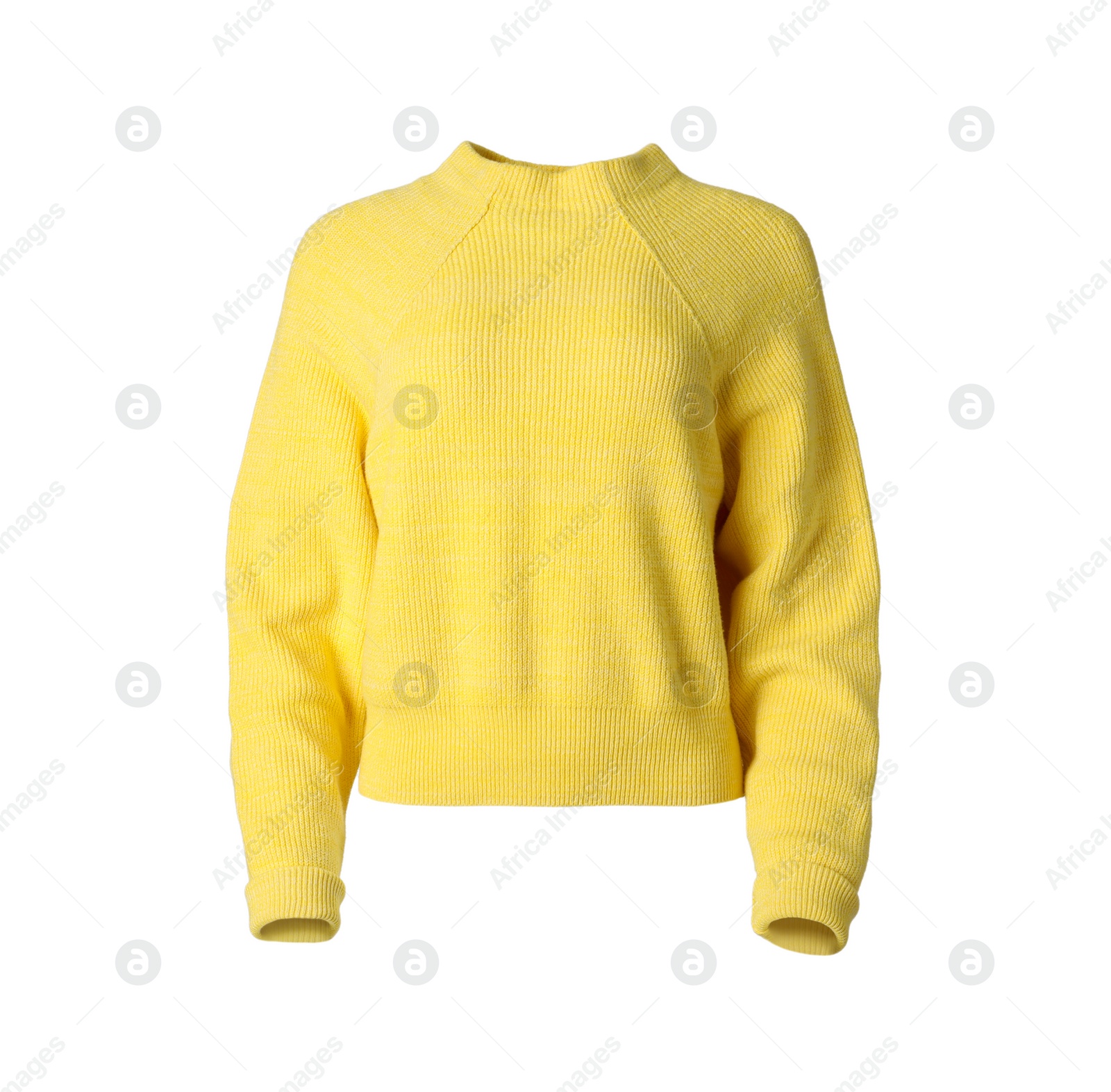 Photo of Stylish knitted yellow sweater isolated on white