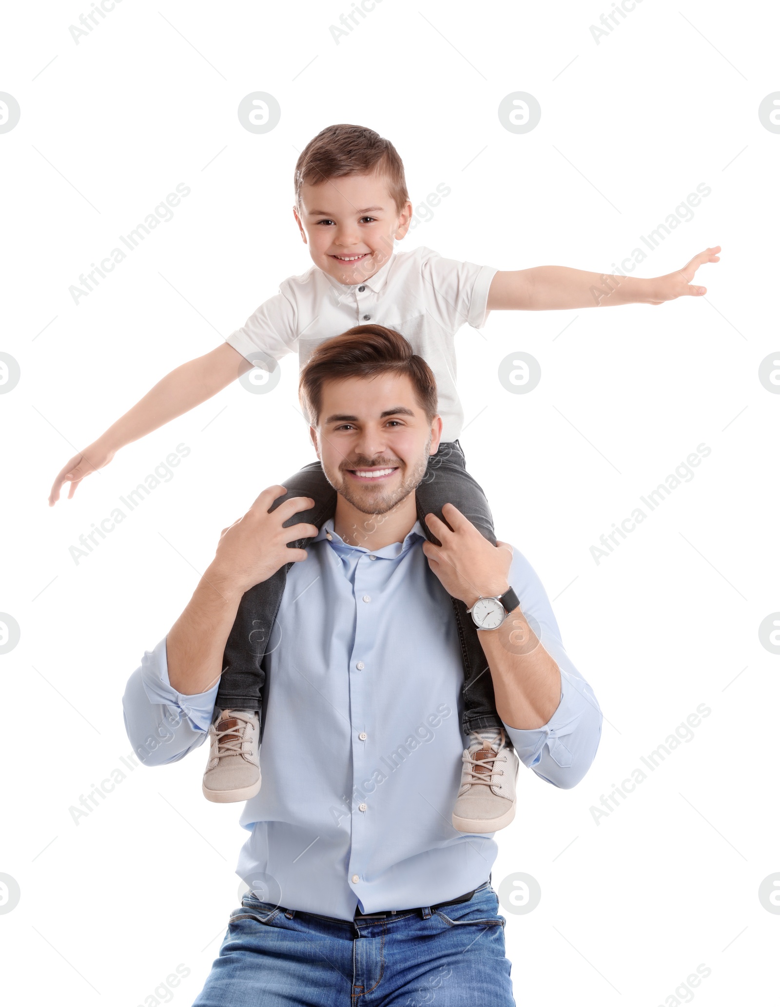 Photo of Portrait of dad playing with his son isolated on white