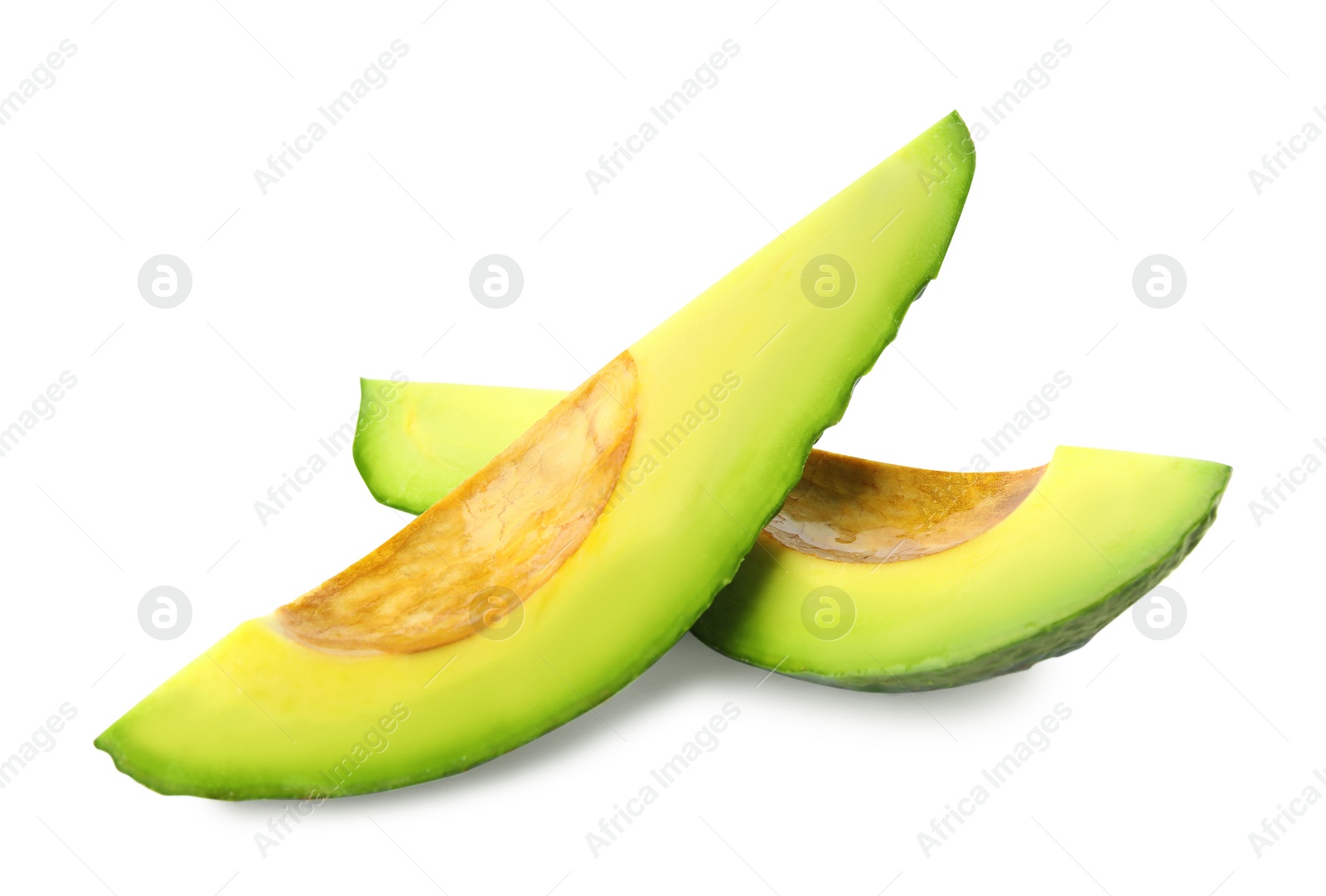 Photo of Slices of tasty ripe avocado on white background