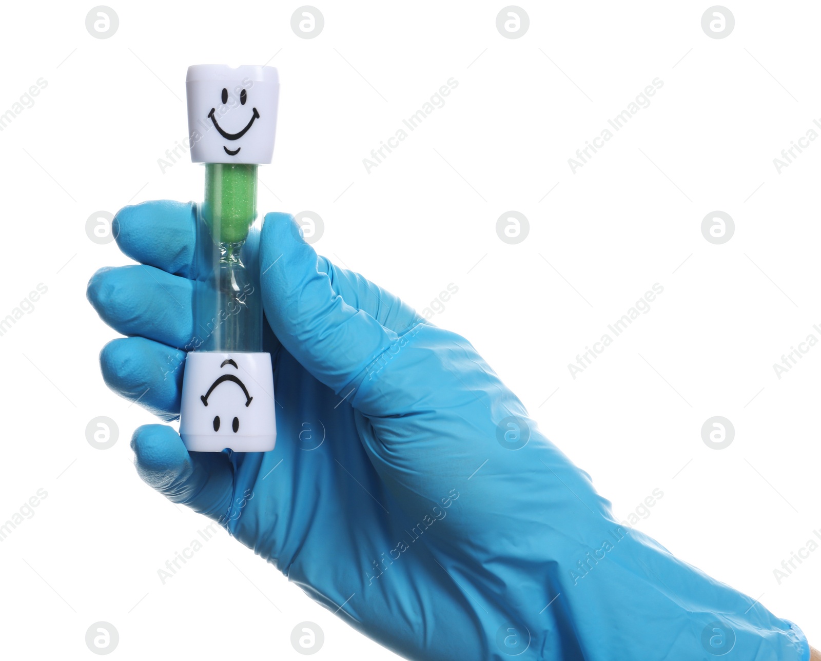 Photo of Dentist holding sand glass on white background. Brushing teeth time