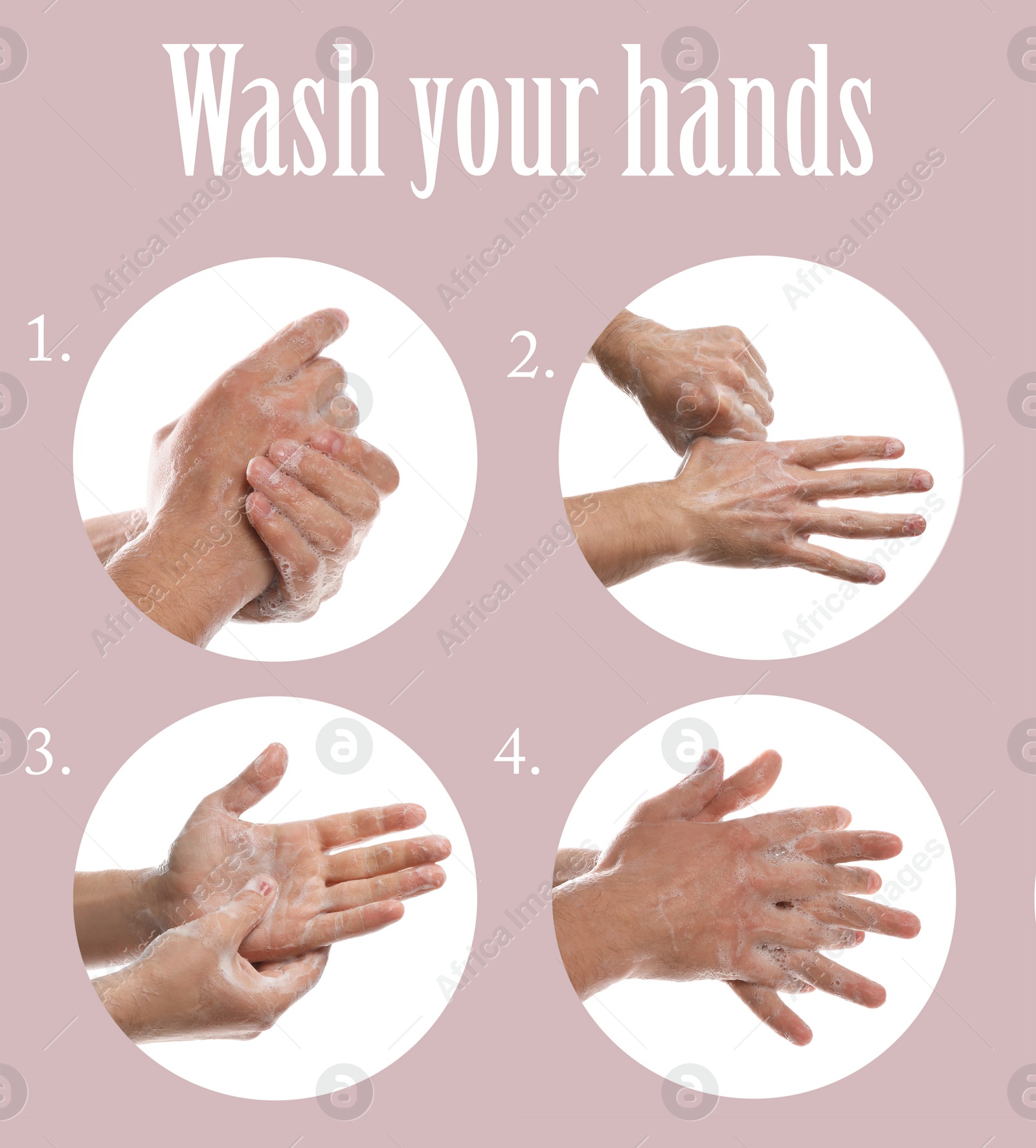 Image of Steps of washing hands effectively. Collage with man on pink background, closeup
