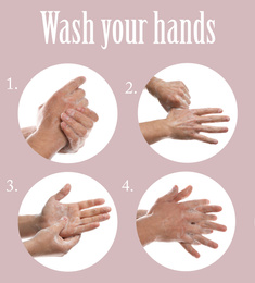 Steps of washing hands effectively. Collage with man on pink background, closeup