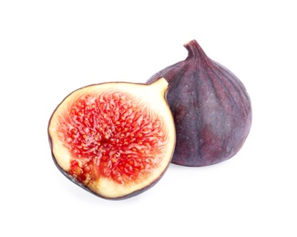 Photo of Tasty fresh fig fruits on white background