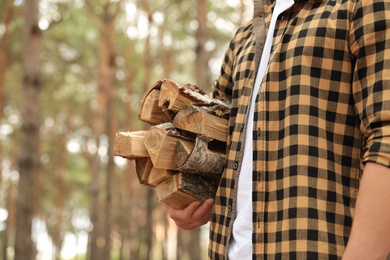 Photo of Man holding cut firewood in forest, closeup