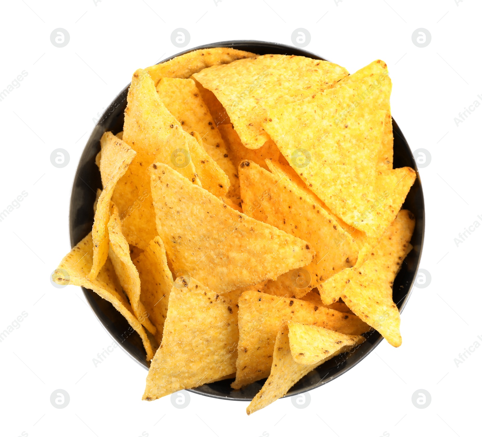 Photo of Metal bowl with tasty Mexican nachos chips on white background, top view