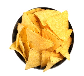 Metal bowl with tasty Mexican nachos chips on white background, top view