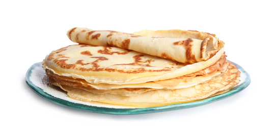 Stack of fresh thin pancakes isolated on white