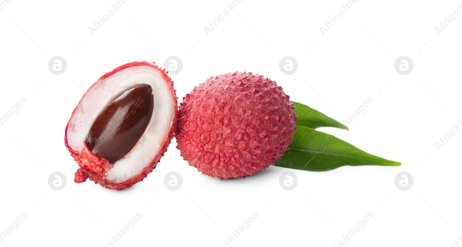 Photo of Fresh ripe lychees with green leaves on white background