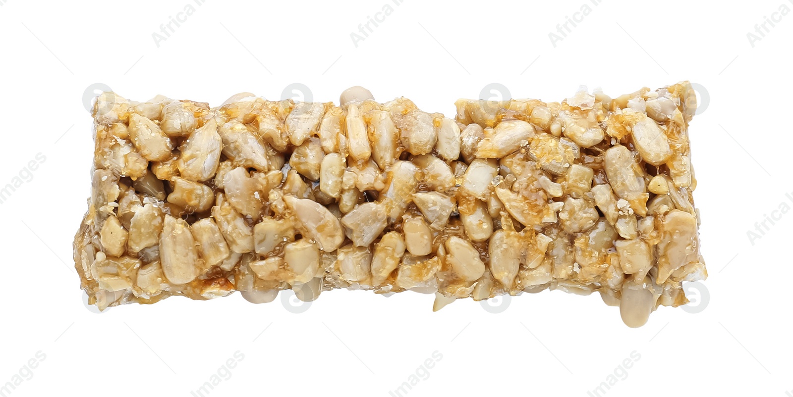 Photo of Tasty sunflower seed bar isolated on white