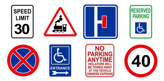 Set with different traffic signs on white background, banner design. Illustration