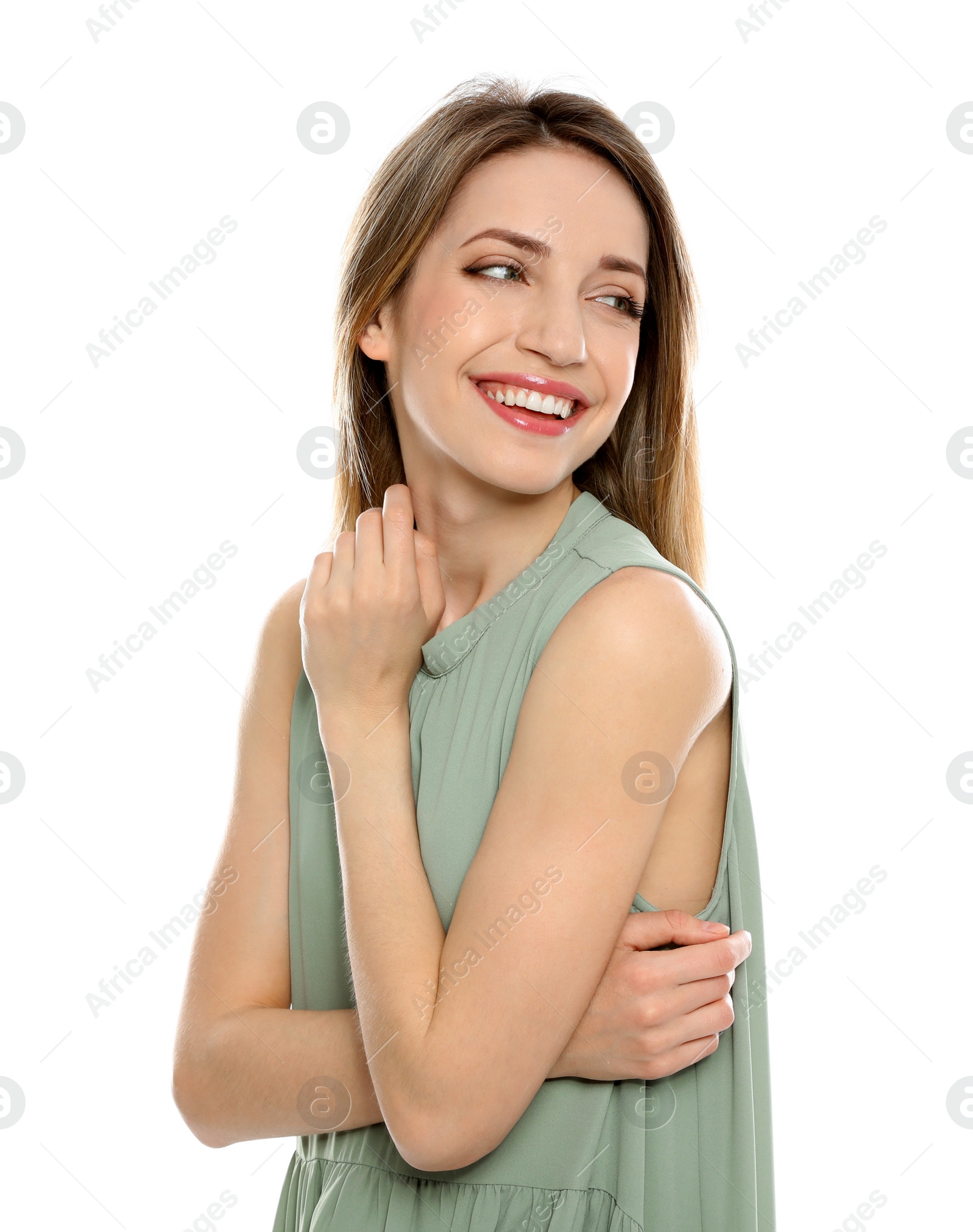 Photo of Portrait of young woman with beautiful face on white background