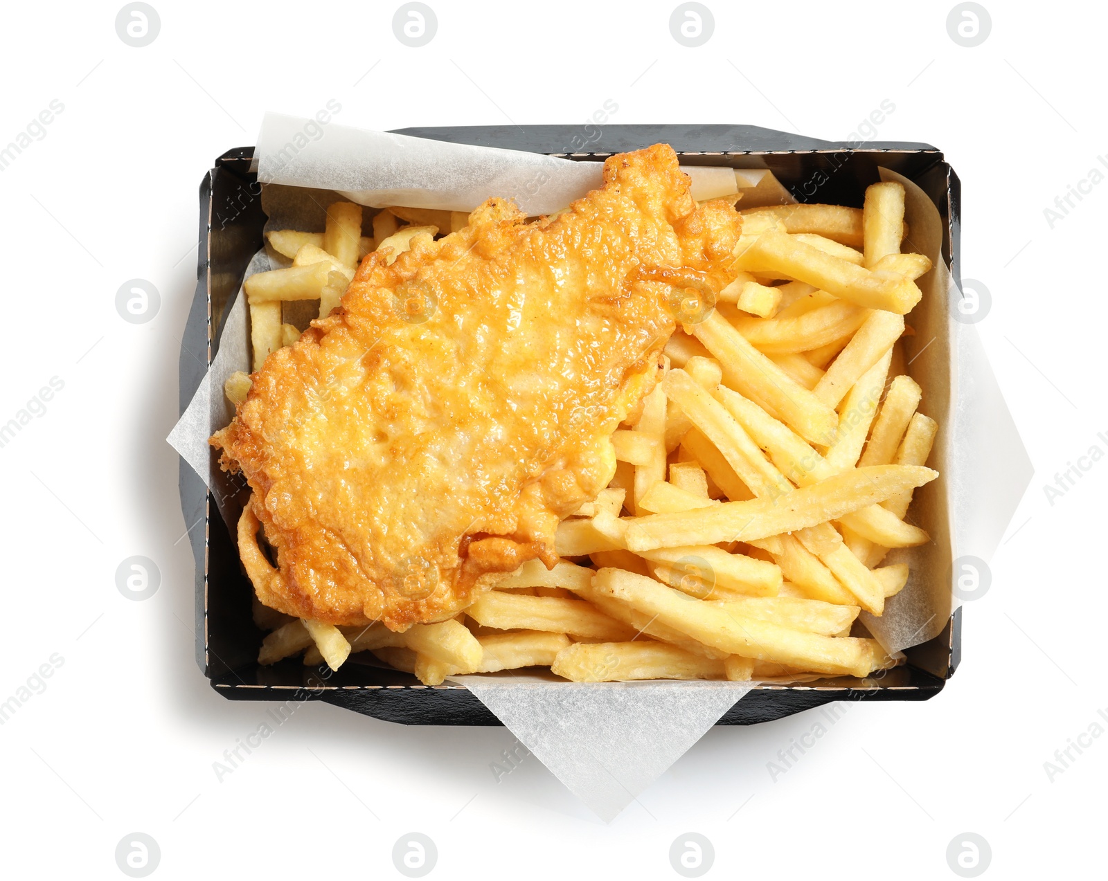 Photo of Disposable container with British Traditional Fish and potato chips on white background, top view