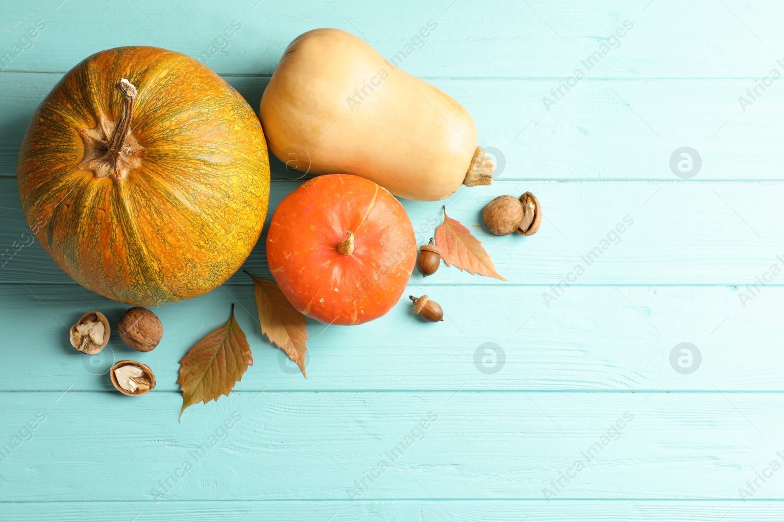 Photo of Different pumpkins on wooden background, flat lay composition with space for text. Autumn holidays