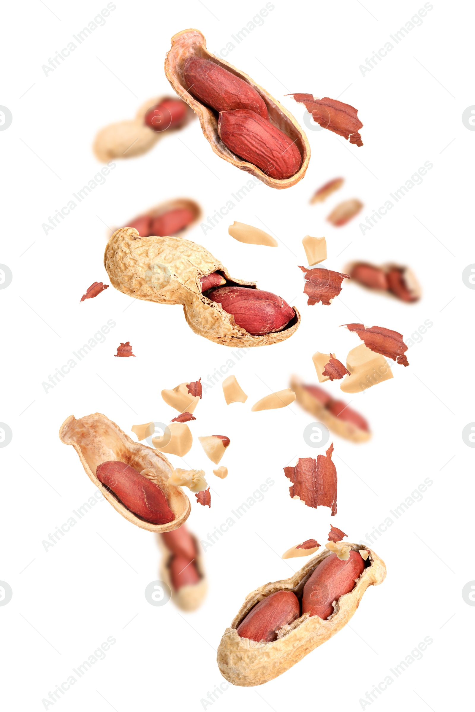 Image of Unpeeled peanuts in air on white background