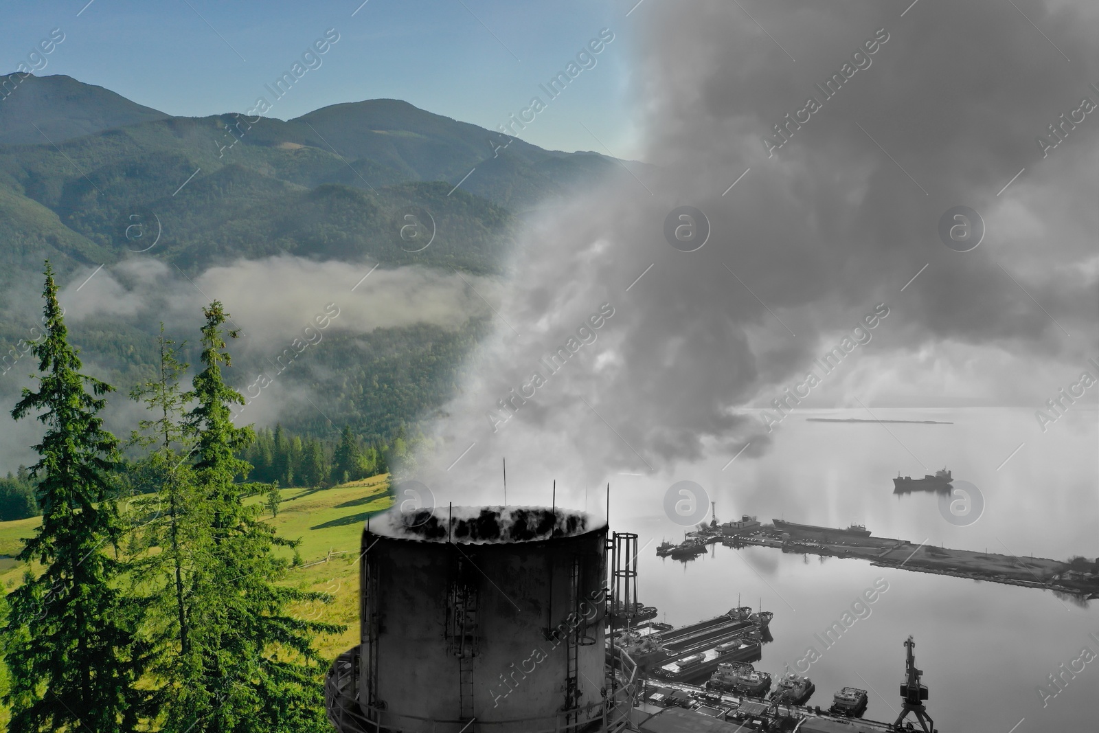 Image of Environmental pollution. Collage divided with smoke into mountain landscape and industrial factory