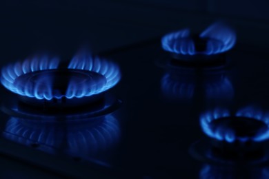 Photo of Gas burner with burning blue flames in darkness