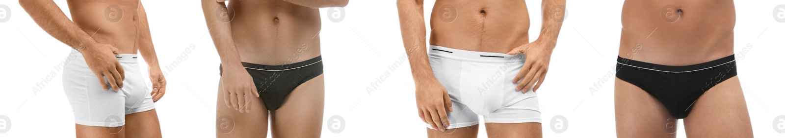 Image of Collage with photos of man wearing underwear on white background, closeup. Banner design