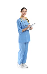 Photo of Full length portrait of medical assistant with stethoscope and clipboard on white background