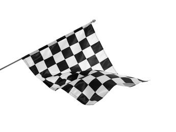 Photo of One checkered finish flag isolated on white