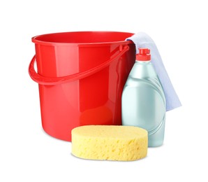 Photo of Red plastic bucket, bottle of detergent and cleaning tools on white background