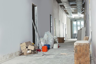 Photo of Hallway in building during repair. House renovation